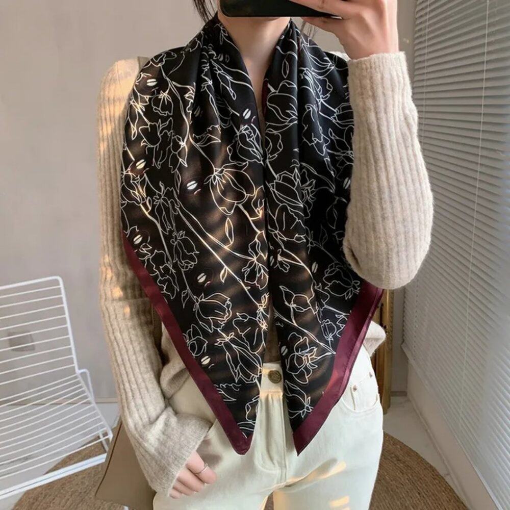 2/$30 NEW Flower Floral Line Art Drawing Black White Printed Silky Fashion Scarf